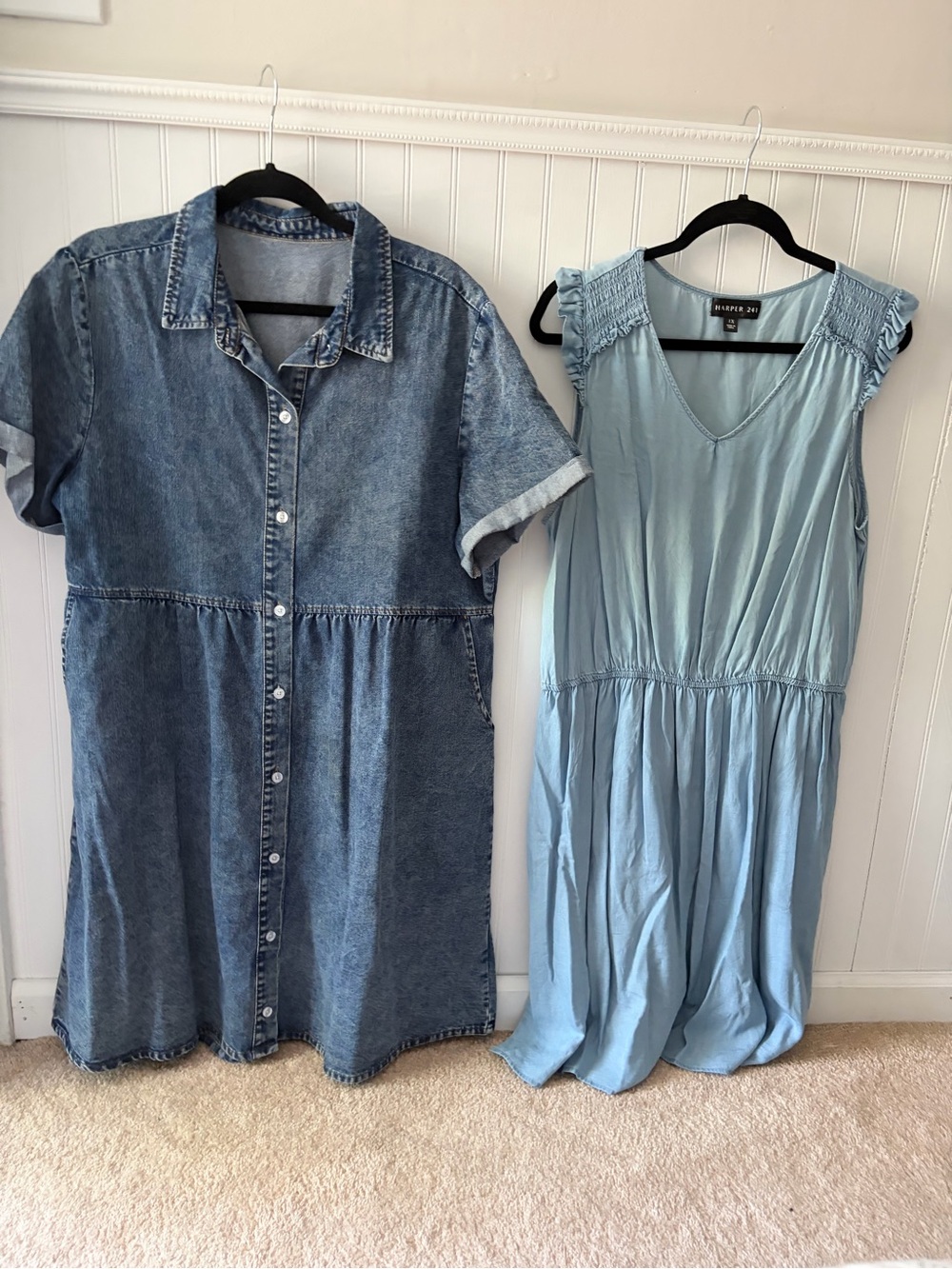Babydoll Denim Shirt Dress and Light Blue V-Neck Dress Set